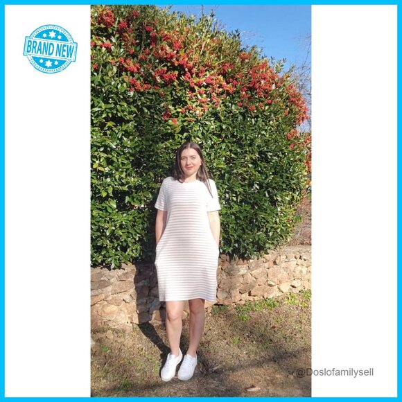 Striped Shift Dress Casual Chic Summer Tshirt Style with Pockets Knee Length - Picture 7 of 7